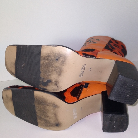 Vintage BRUNO VALENTI Mid Calf Square Toe Orange, Black Cowhide Leather Boots- 7 - Picture 8 of 8